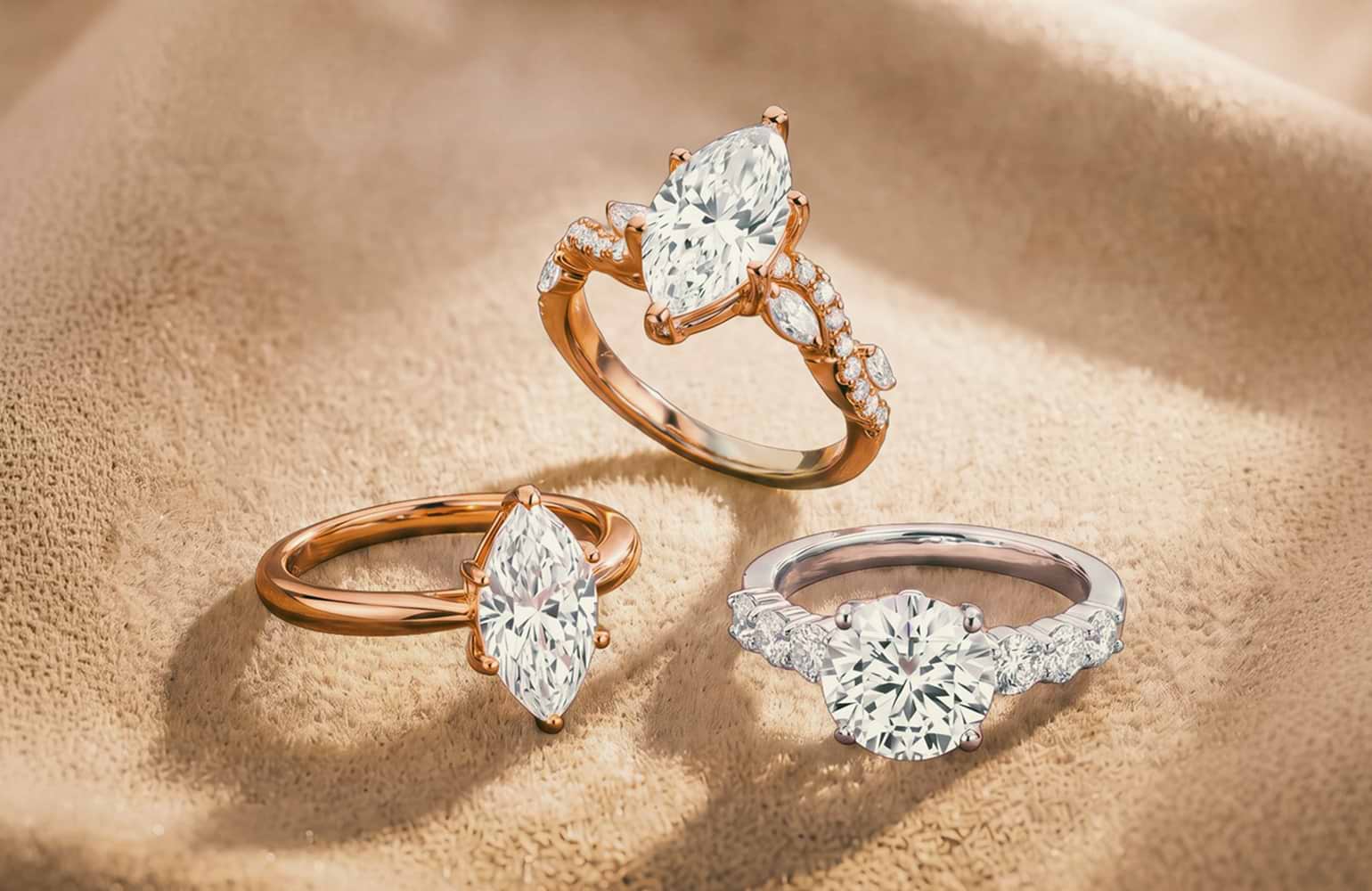 Grown Brilliance Design Studio featuring emerald, marquise, and oval lab grown diamond engagement rings.