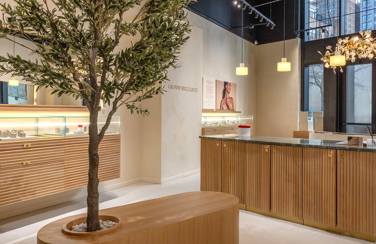 An image of one of our dark green painted showrooms with floral light fixtures and clear display cases is pictured.