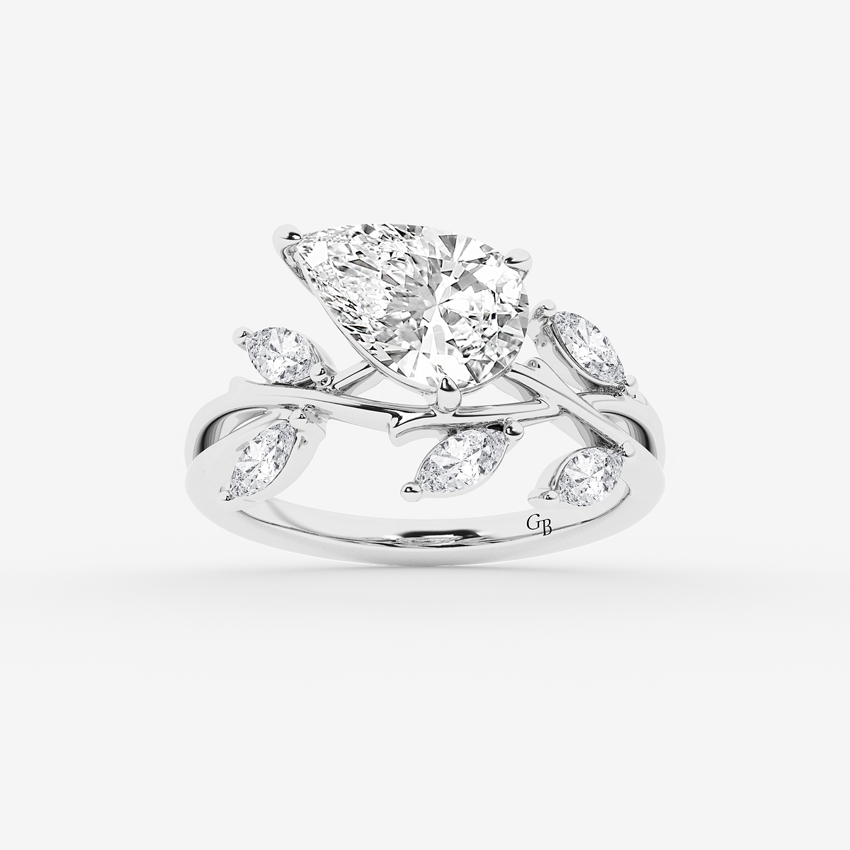 2 1/2 ctw Pear Lab Grown Diamond Branch Design with Marquise Side Stone Engagement Ring