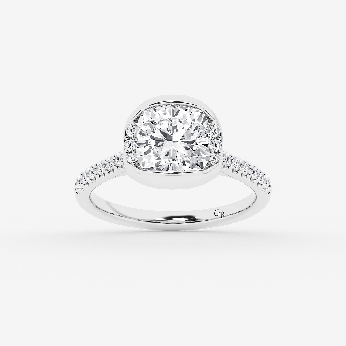 2 1/2 ctw Cushion Lab Grown Diamond Half Bezel Side Stone Engagement Ring