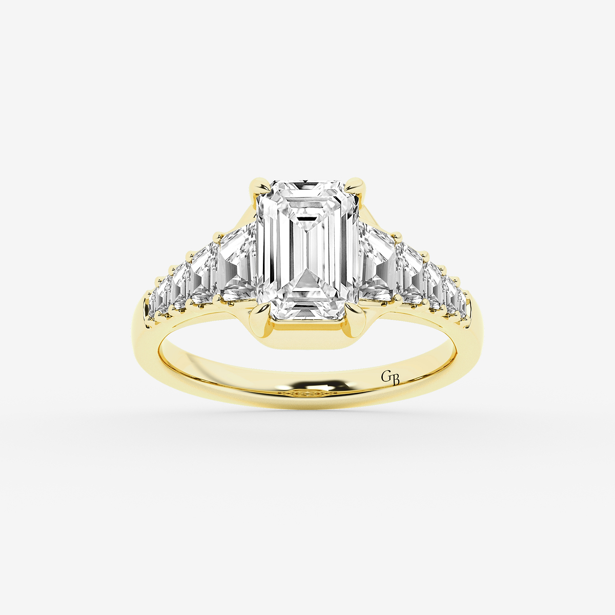 3 2/5 ctw Emerald Lab Grown Diamond with Trapezoid Side Stone Engagement Ring