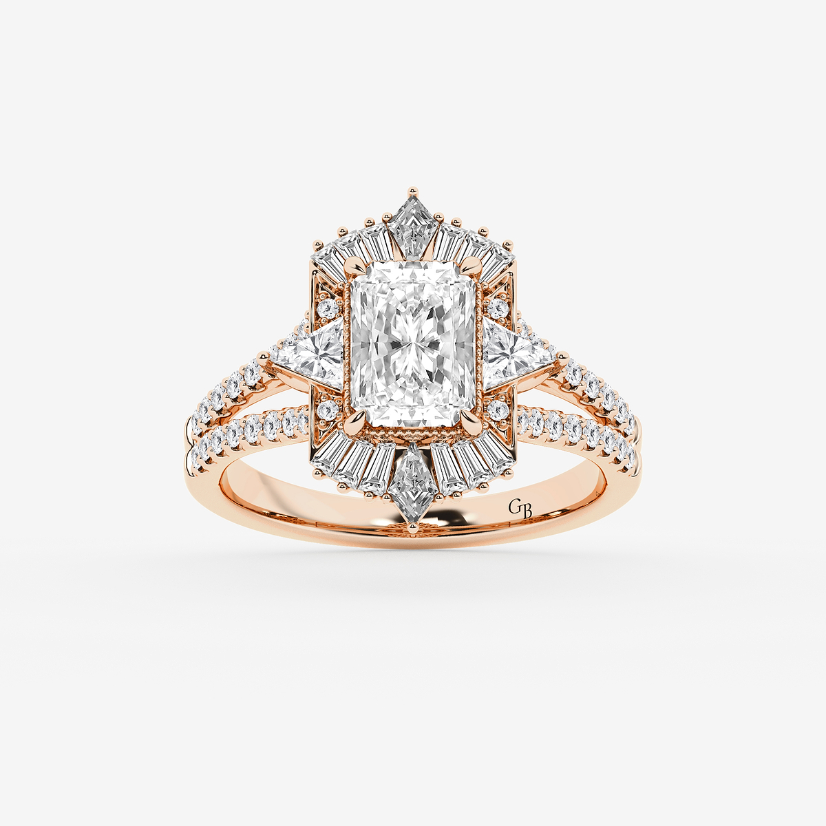 2 1/2 ctw Radiant Lab Grown Diamond Modern Art Deco Side Stone Engagement Ring