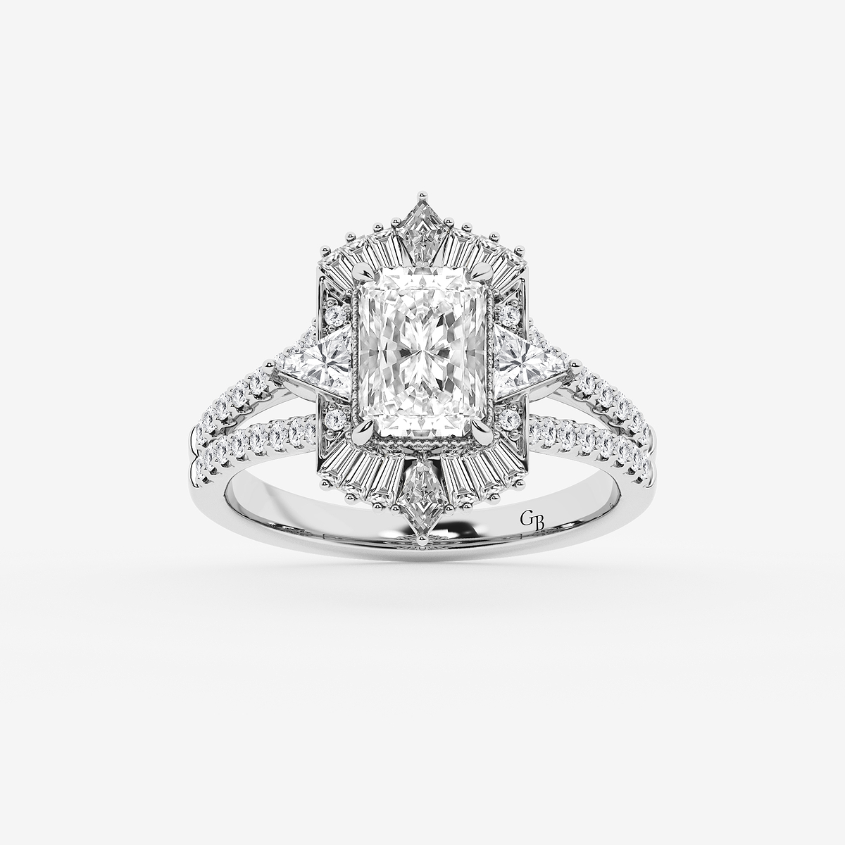 2 1/2 ctw Radiant Lab Grown Diamond Modern Art Deco Side Stone Engagement Ring