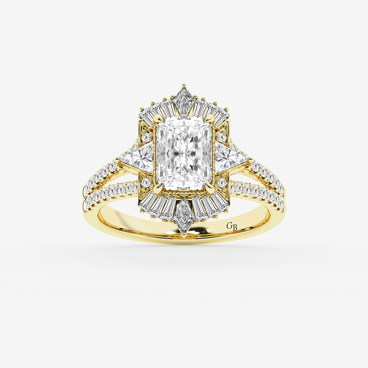 2 1/2 ctw Radiant Lab Grown Diamond Modern Art Deco Side Stone Engagement Ring