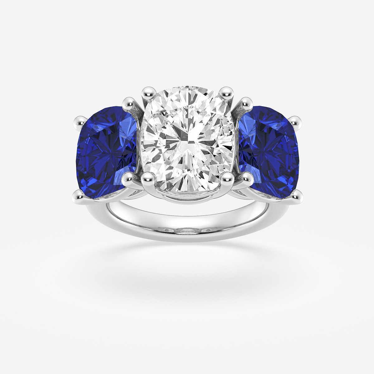 7 1/2 ctw Elongated Cushion Cut Sapphire and Elongated Cushion Lab Grown Diamond Three Stone Engagement Ring