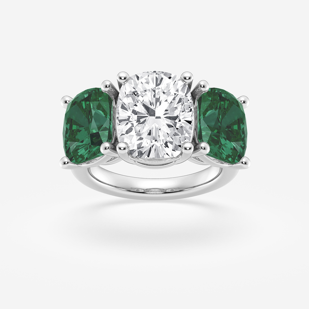 7 1/2 ctw Elongated Cushion Cut Emerald and Elongated Cushion Lab Grown Diamond Three Stone Engagement Ring
