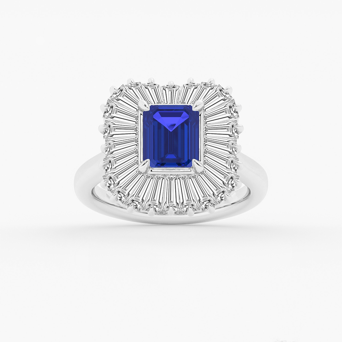 2 7/8 ctw Emerald Cut Sapphire and Tapered Baguette Lab Grown Diamond Engagement Ring