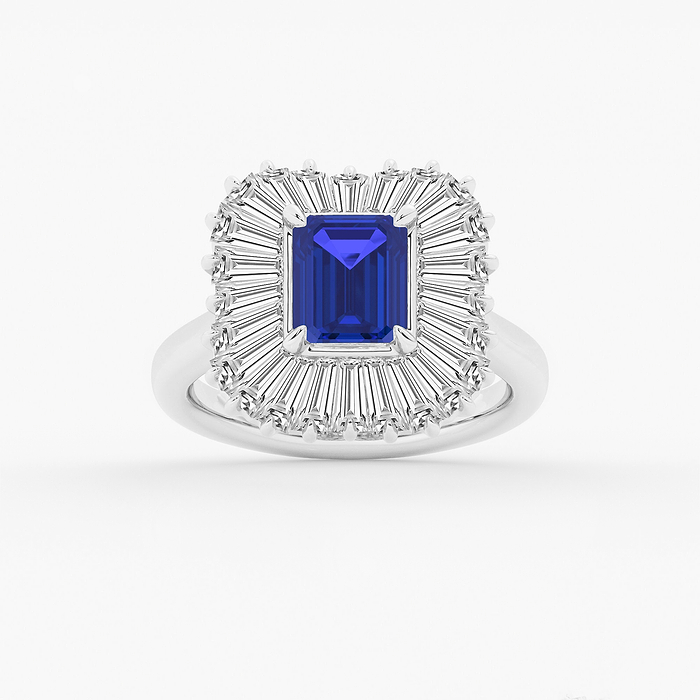 Bellflower - 7x6 mm Emerald Cut Emerald and 1 1/3 ctw Tapered Baguette Lab Grown Diamond Engagement Ring