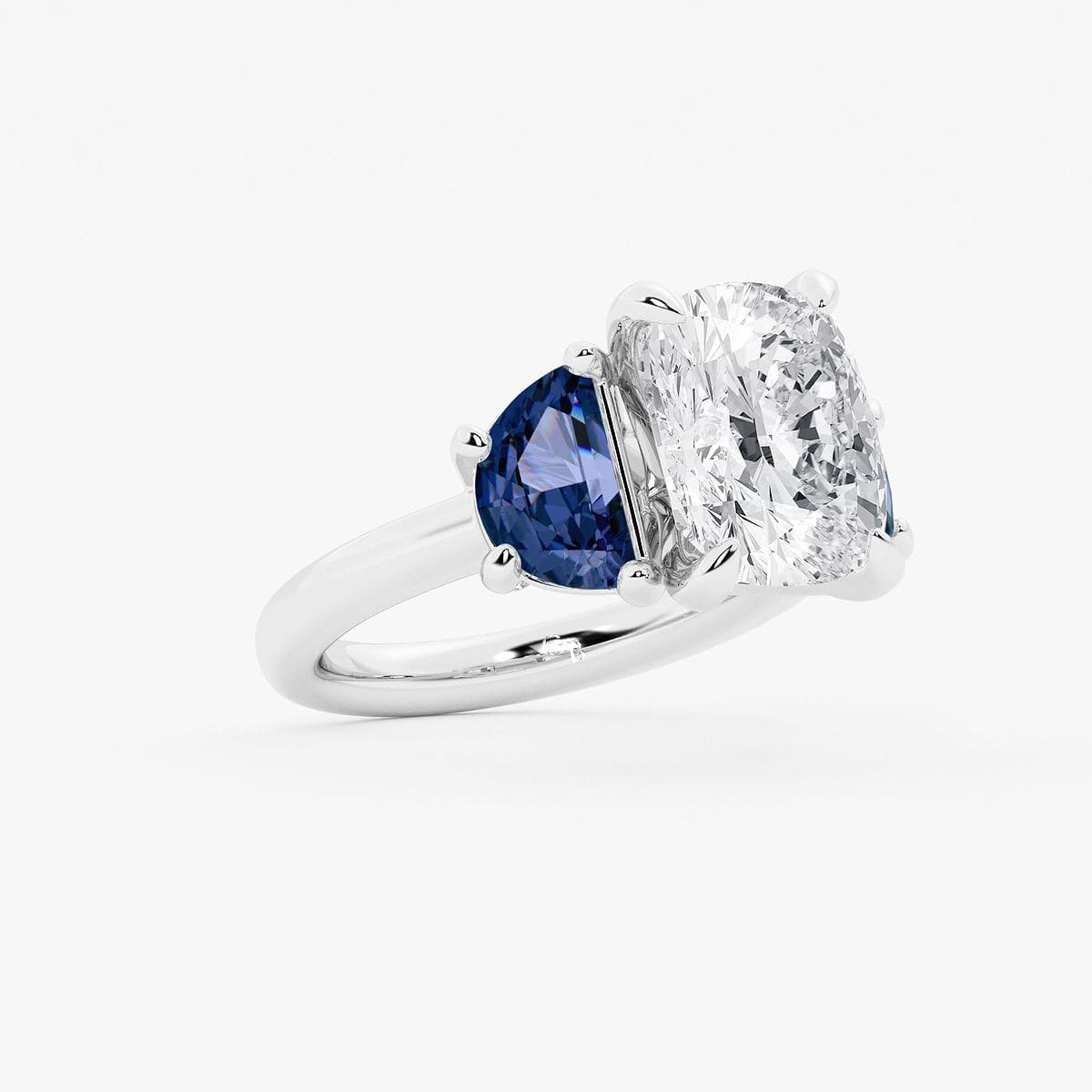 4 ctw Elongated Cushion Lab Grown Diamond and 8.0x4.8mm Half Moon Shape Created Alexandrite Three Stone Engagement Ring Platinum, E, VS1
