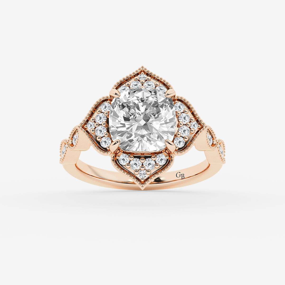 4 1/3 ctw Cushion Old Mine Cut Lab Grown Diamond Lab Grown Diamond Twisted Vintage Side Stone Engagement Ring