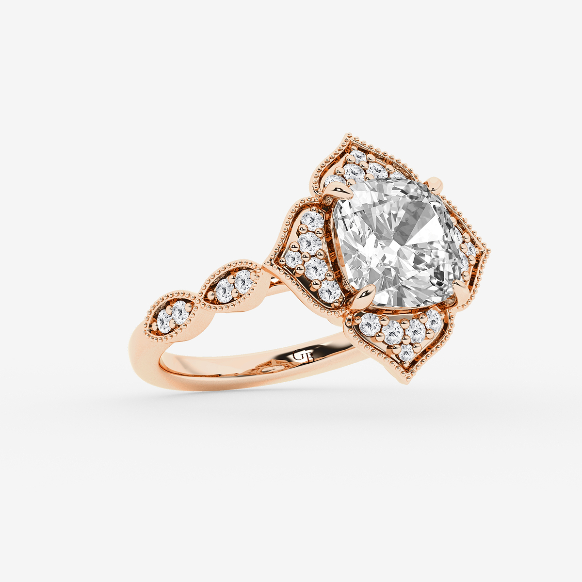 Additional Image 1 for  4 1/3 ctw Cushion Old Mine Cut Lab Grown Diamond Lab Grown Diamond Twisted Vintage Side Stone Engagement Ring