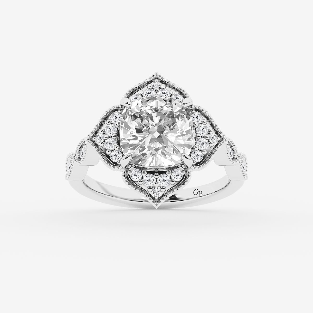 2 1/3 ctw Cushion Old Mine Cut Lab Grown Diamond Lab Grown Diamond Twisted Vintage Side Stone Engagement Ring