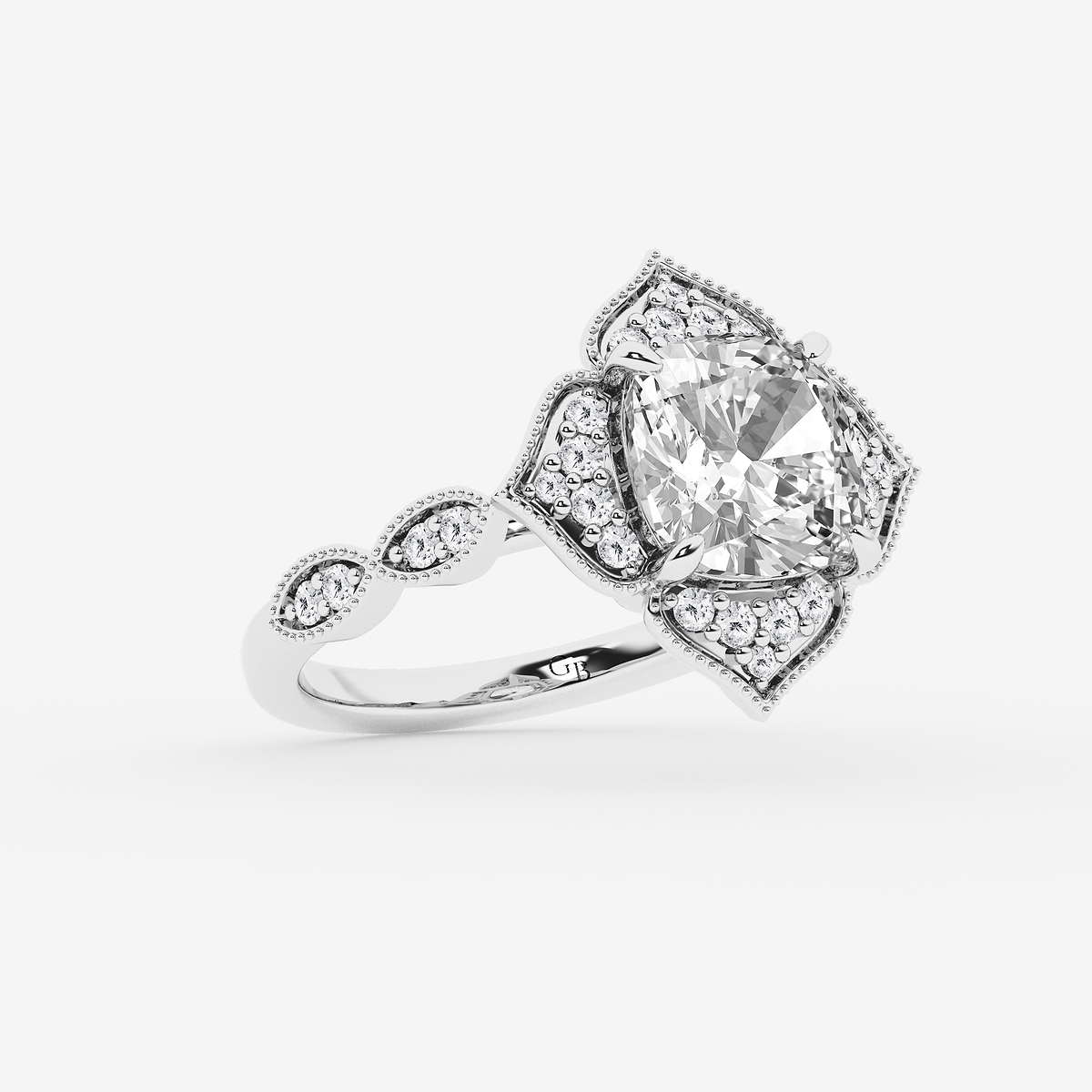 Additional Image 1 for  2 1/3 ctw Cushion Old Mine Cut Lab Grown Diamond Lab Grown Diamond Twisted Vintage Side Stone Engagement Ring
