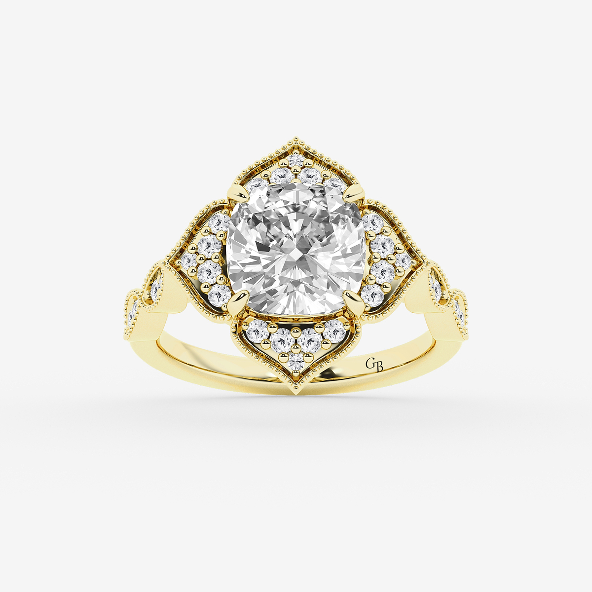 2 1/3 ctw Cushion Old Mine Cut Lab Grown Diamond Lab Grown Diamond Twisted Vintage Side Stone Engagement Ring