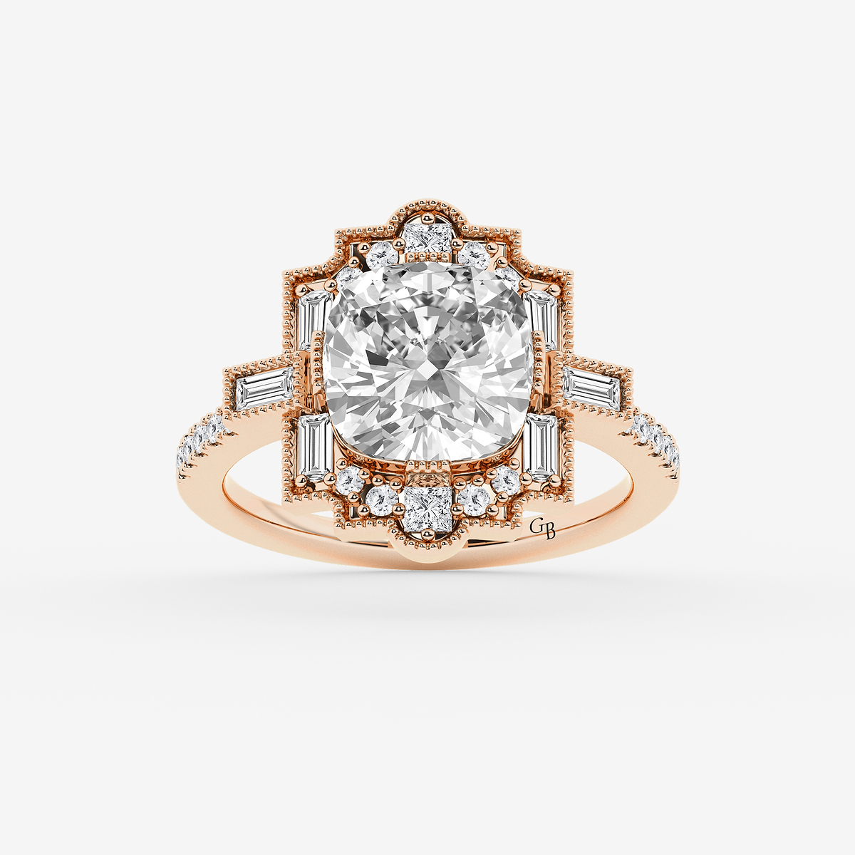 3 3/4 ctw Cushion Old Mine Cut Lab Grown Diamond Lab Grown Diamond Vintage Side Stone Engagement Ring