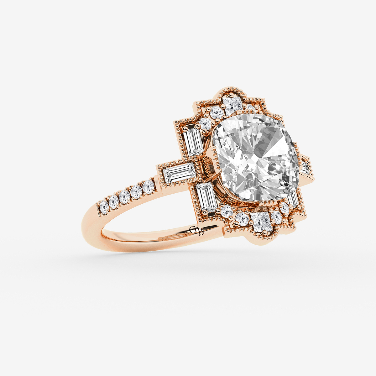 Additional Image 1 for  3 3/4 ctw Cushion Old Mine Cut Lab Grown Diamond Lab Grown Diamond Vintage Side Stone Engagement Ring
