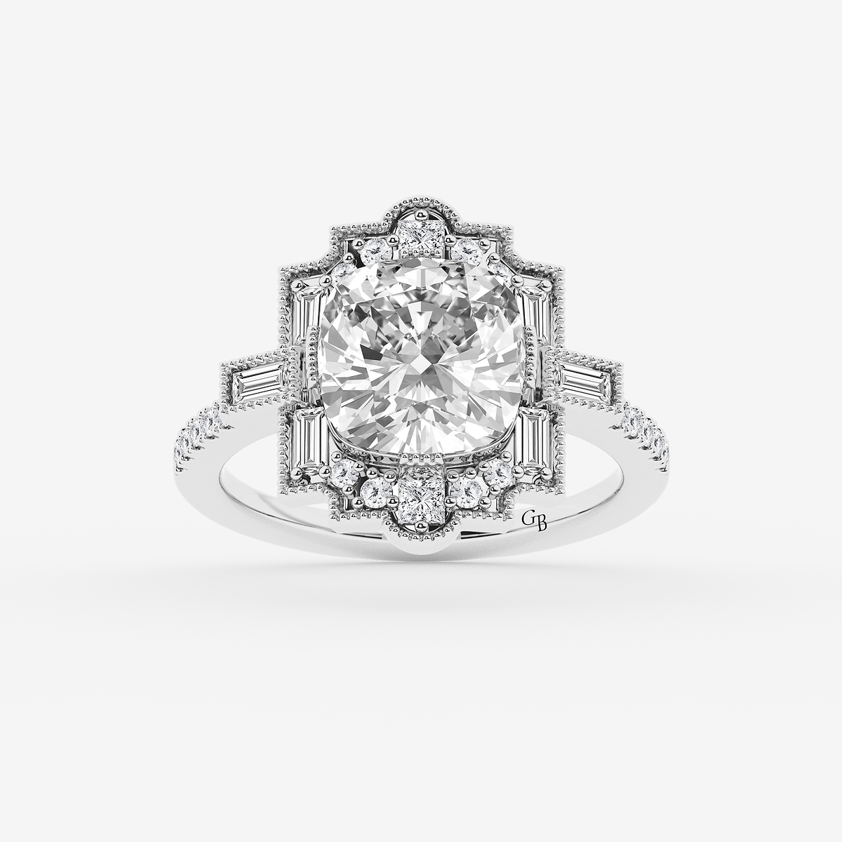 2 3/4 ctw Cushion Old Mine Cut Lab Grown Diamond Lab Grown Diamond Vintage Side Stone Engagement Ring