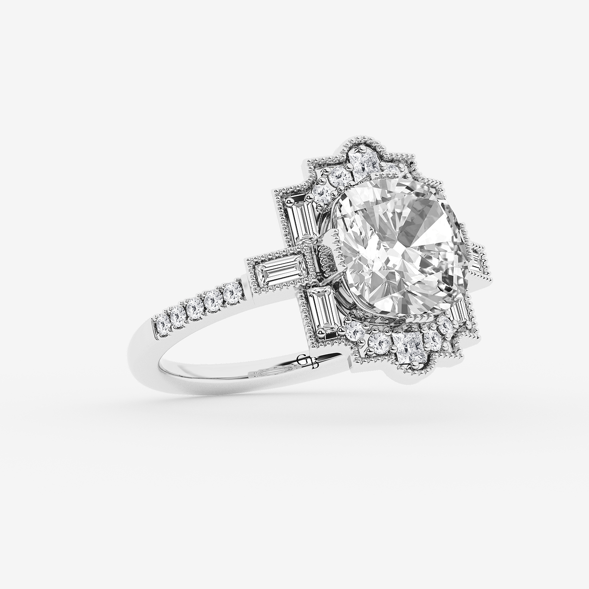Additional Image 1 for  2 3/4 ctw Cushion Old Mine Cut Lab Grown Diamond Lab Grown Diamond Vintage Side Stone Engagement Ring