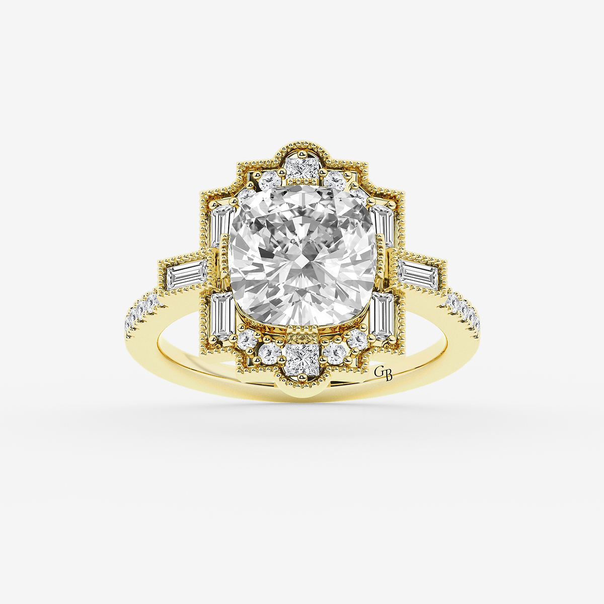 2 3/4 ctw Cushion Old Mine Cut Lab Grown Diamond Lab Grown Diamond Vintage Side Stone Engagement Ring