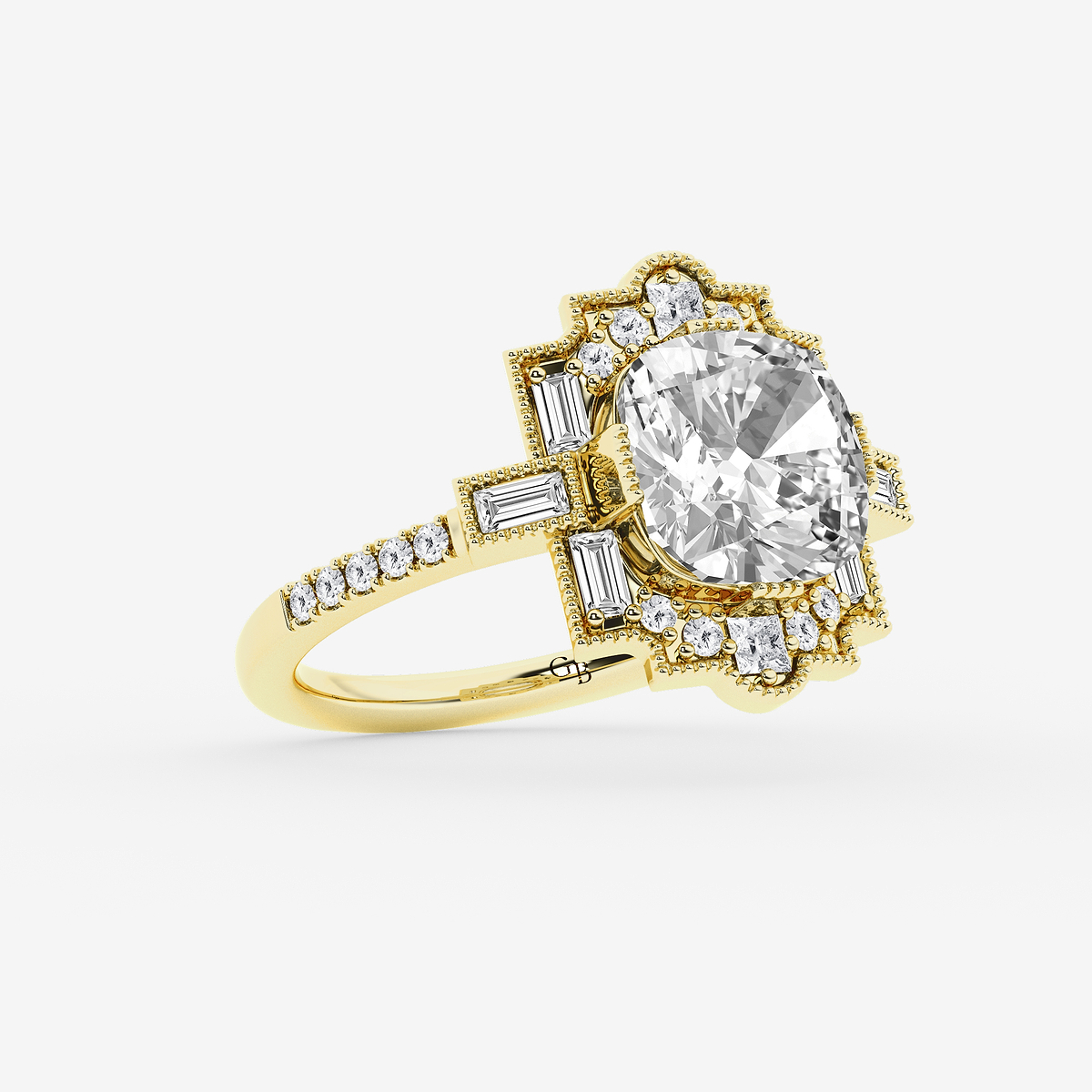 Additional Image 1 for  2 3/4 ctw Cushion Old Mine Cut Lab Grown Diamond Lab Grown Diamond Vintage Side Stone Engagement Ring