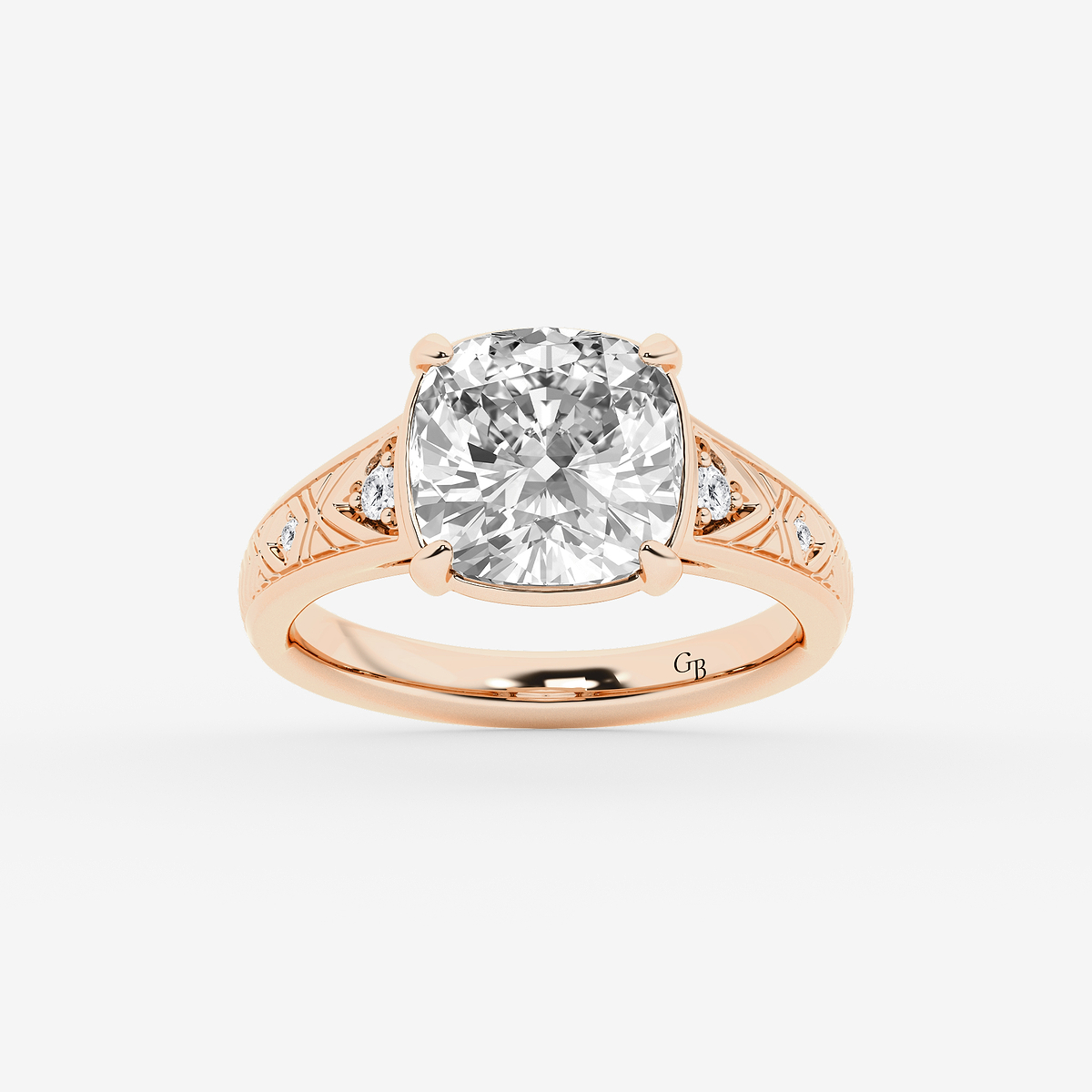 3 ctw Cushion Old Mine Cut Lab Grown Diamond Lab Grown Diamond Vintage Side Stone Engagement Ring