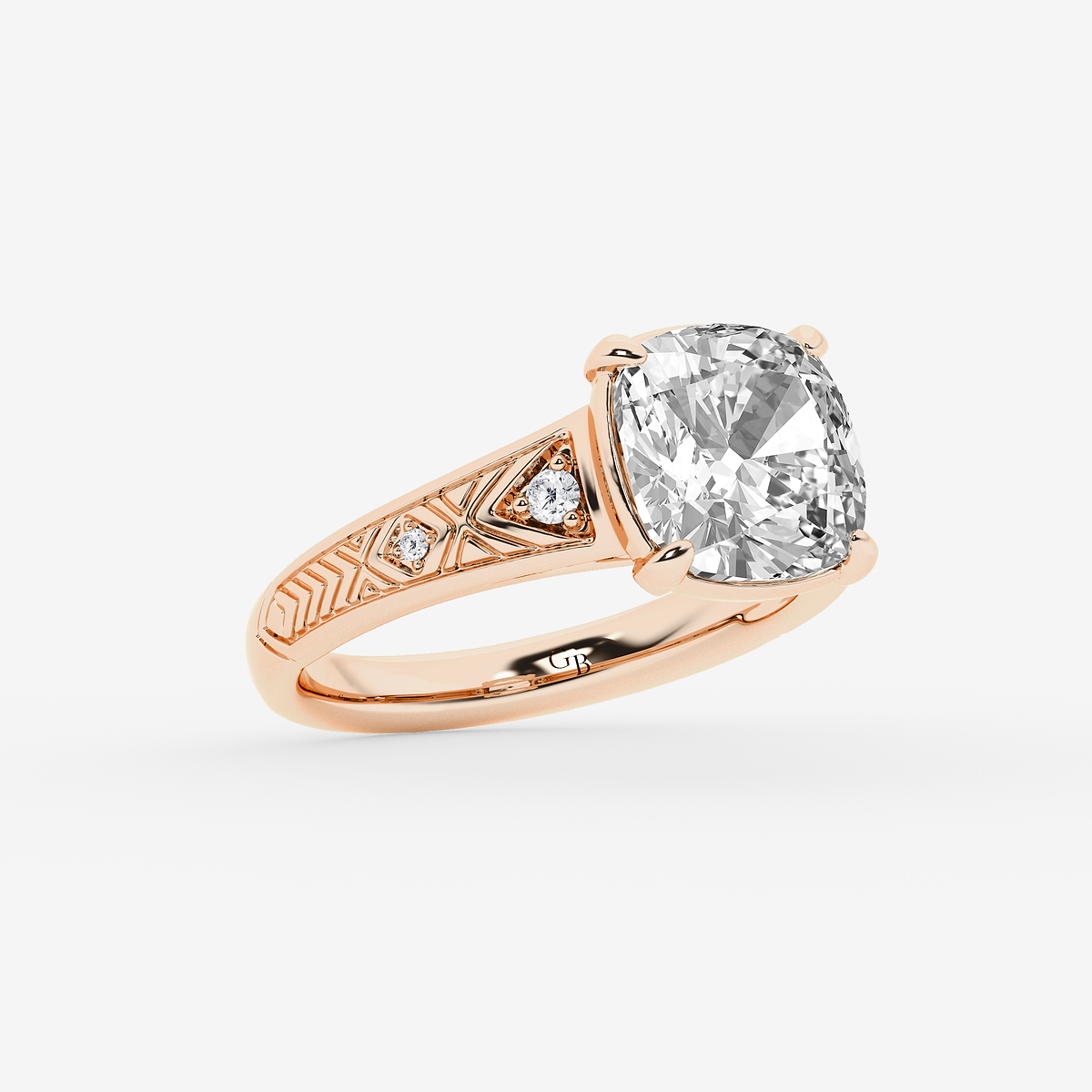 Additional Image 1 for  3 ctw Cushion Old Mine Cut Lab Grown Diamond Lab Grown Diamond Vintage Side Stone Engagement Ring