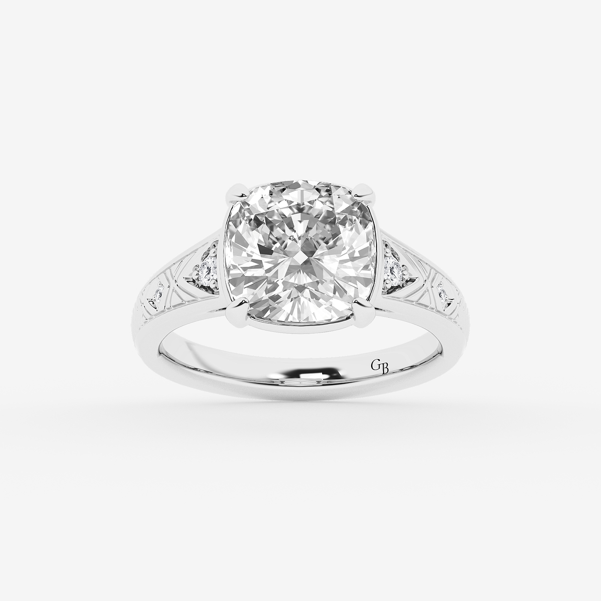 4 ctw Cushion Old Mine Cut Lab Grown Diamond Lab Grown Diamond Vintage Side Stone Engagement Ring