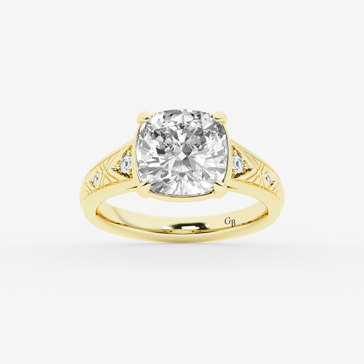 4 ctw Cushion Old Mine Cut Lab Grown Diamond Lab Grown Diamond Vintage Side Stone Engagement Ring