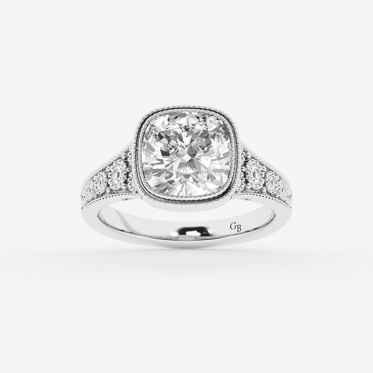 3 1/4 ctw Cushion Old Mine Cut Lab Grown Diamond Lab Grown Diamond Vintage Side Stone Engagement Ring