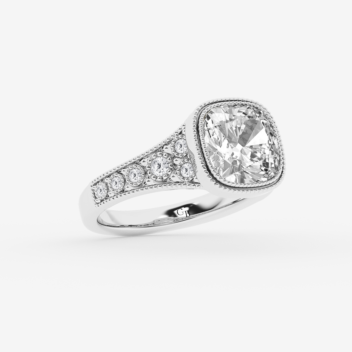 Additional Image 1 for  3 1/4 ctw Cushion Old Mine Cut Lab Grown Diamond Lab Grown Diamond Vintage Side Stone Engagement Ring