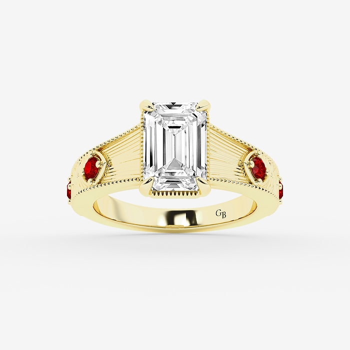 Design ID 10895 - Truly Custom 3 ctw Emerald Lab Grown Diamond and Multi Size Round Shape Created Ruby Side Stone Engagement Ring