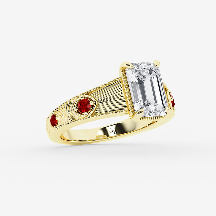 Design ID 10895 - Truly Custom 3 ctw Emerald Lab Grown Diamond and Multi Size Round Shape Created Ruby Side Stone Engagement Ring