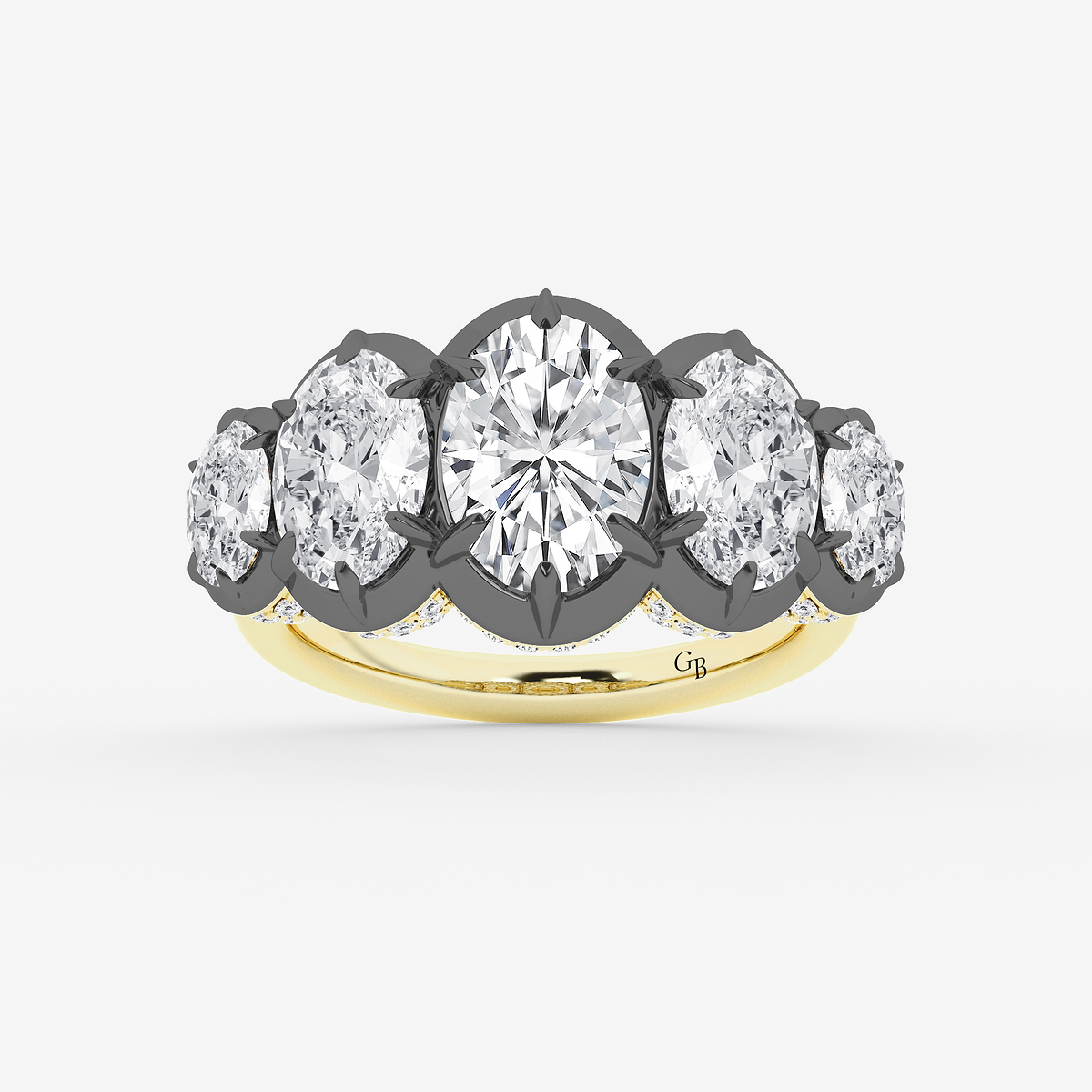 6 1/8 ctw Oval Lab Grown Diamond Five Stone Georgian Prong Setting Anniversary Band With Black Rhodium