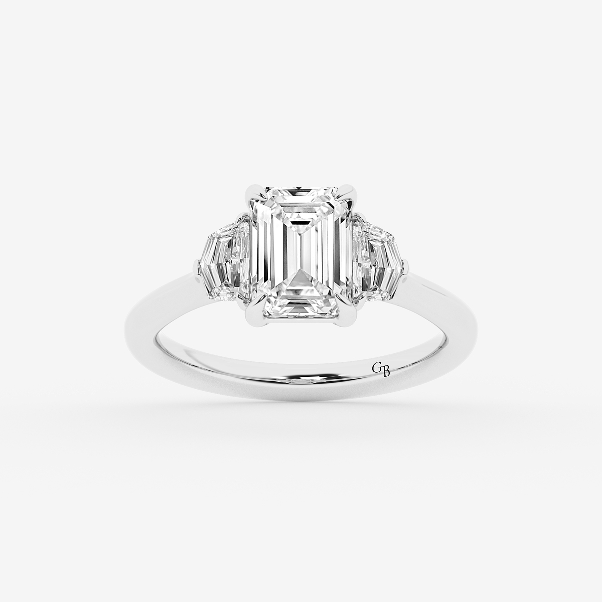 2 1/2 ctw Emerald Lab Grown Diamond Three Stone Engagement Ring with Epaulette Cut Side Stones