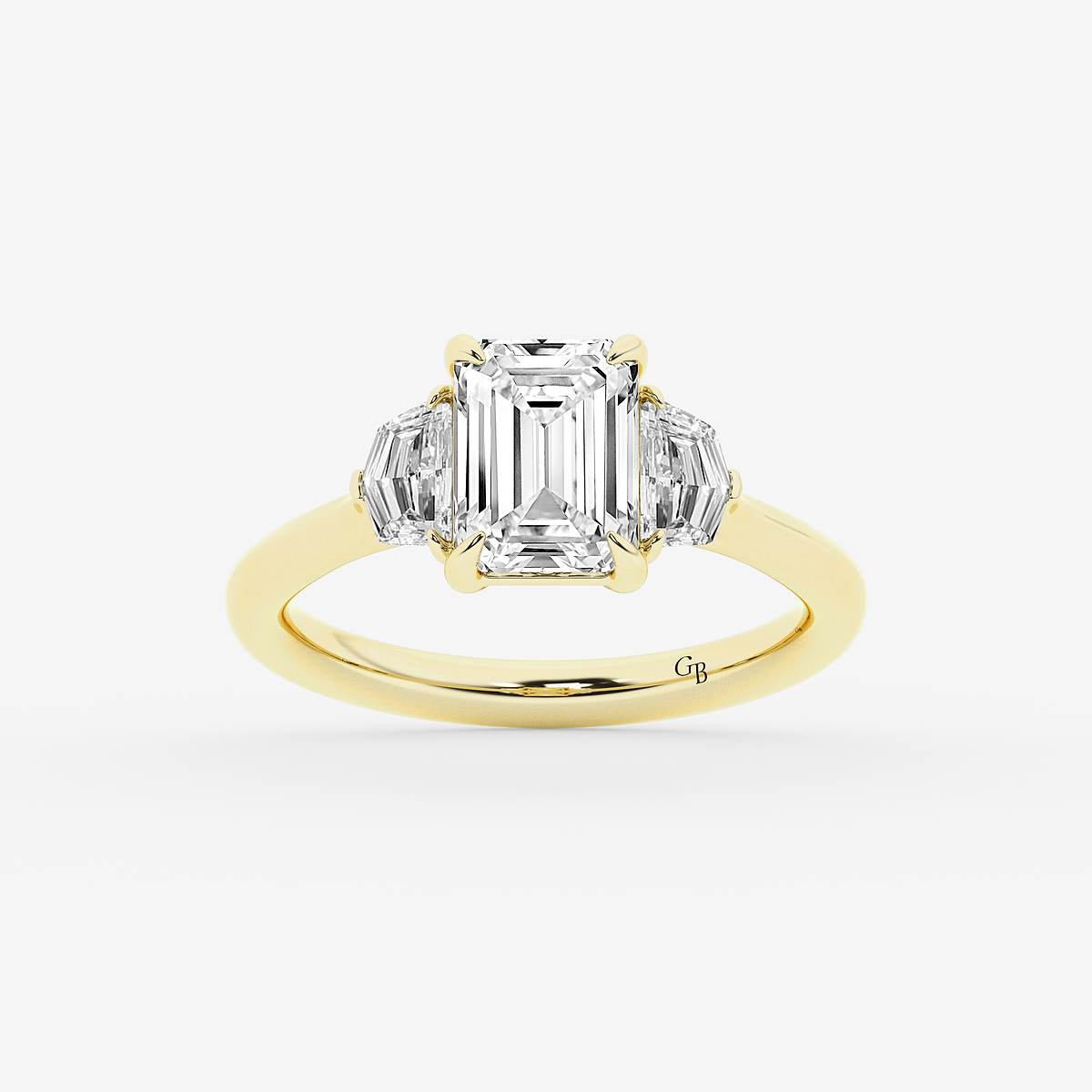 2 1/2 ctw Emerald Lab Grown Diamond Three Stone Engagement Ring with Epaulette Cut Side Stones