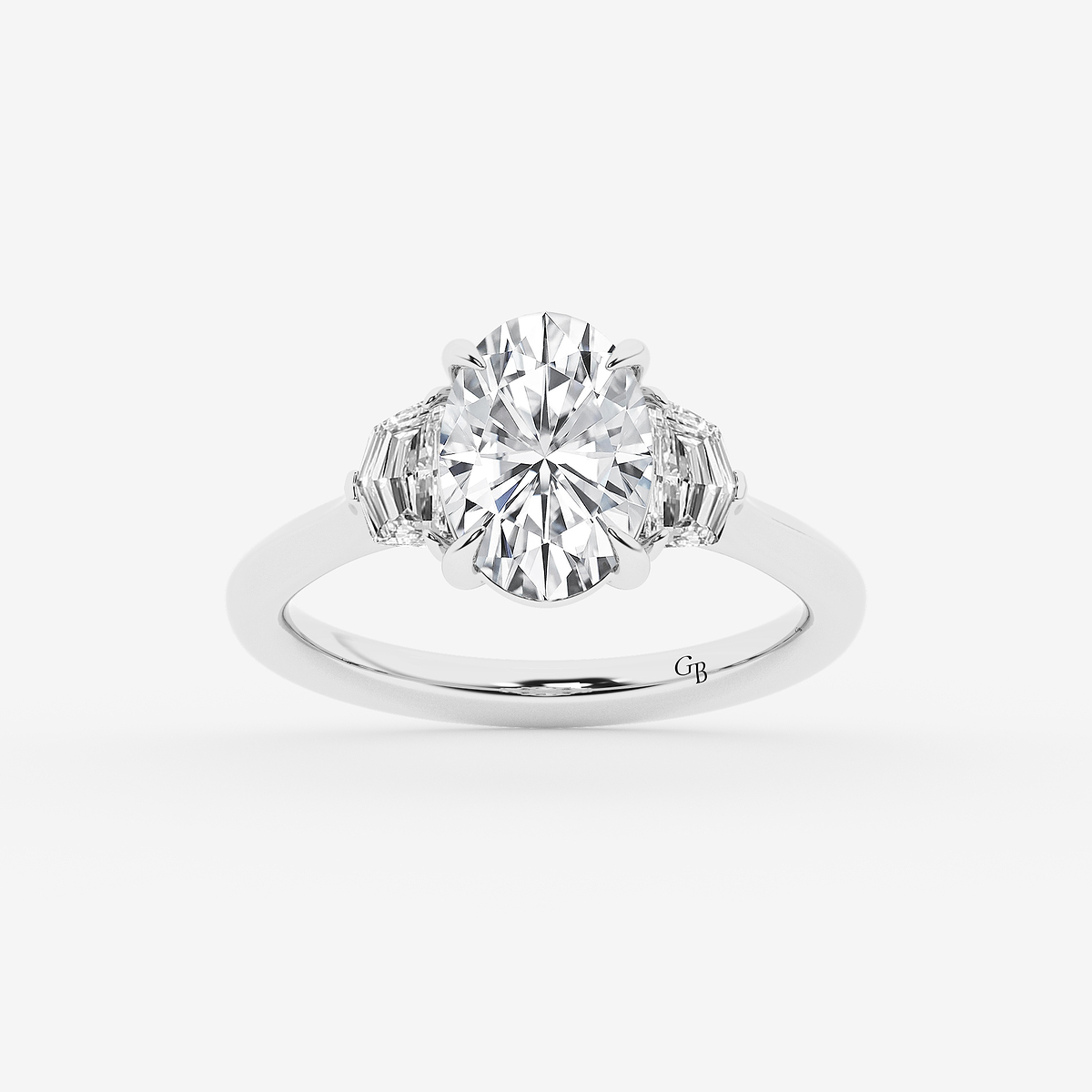 2 1/2 ctw Oval Lab Grown Diamond Three Stone Engagement Ring with Epaulette Cut Side Stones