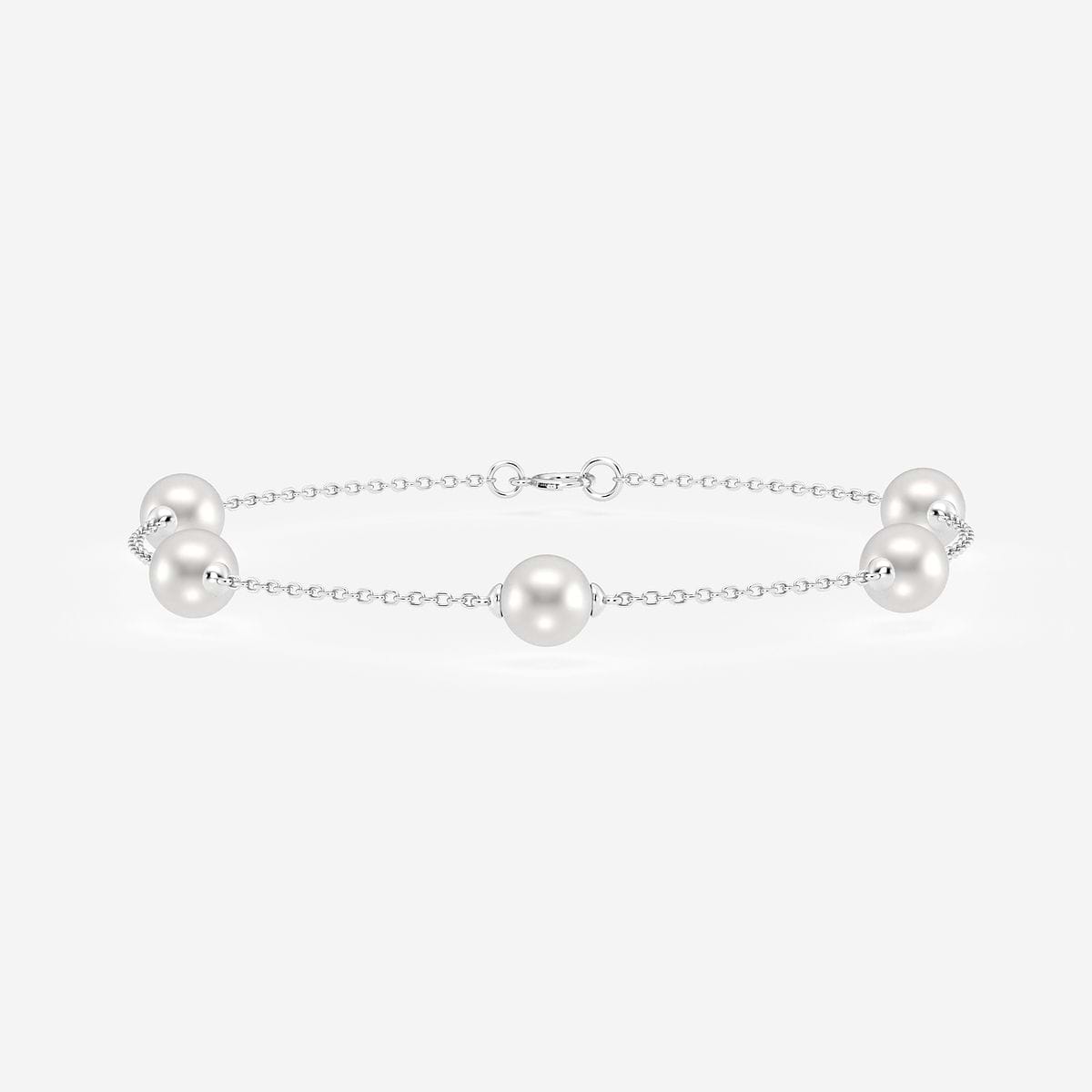 5.5 - 6.0 mm Cultured Freshwater Pearl Station Chain Bracelet - 7 Inches 14K White Gold