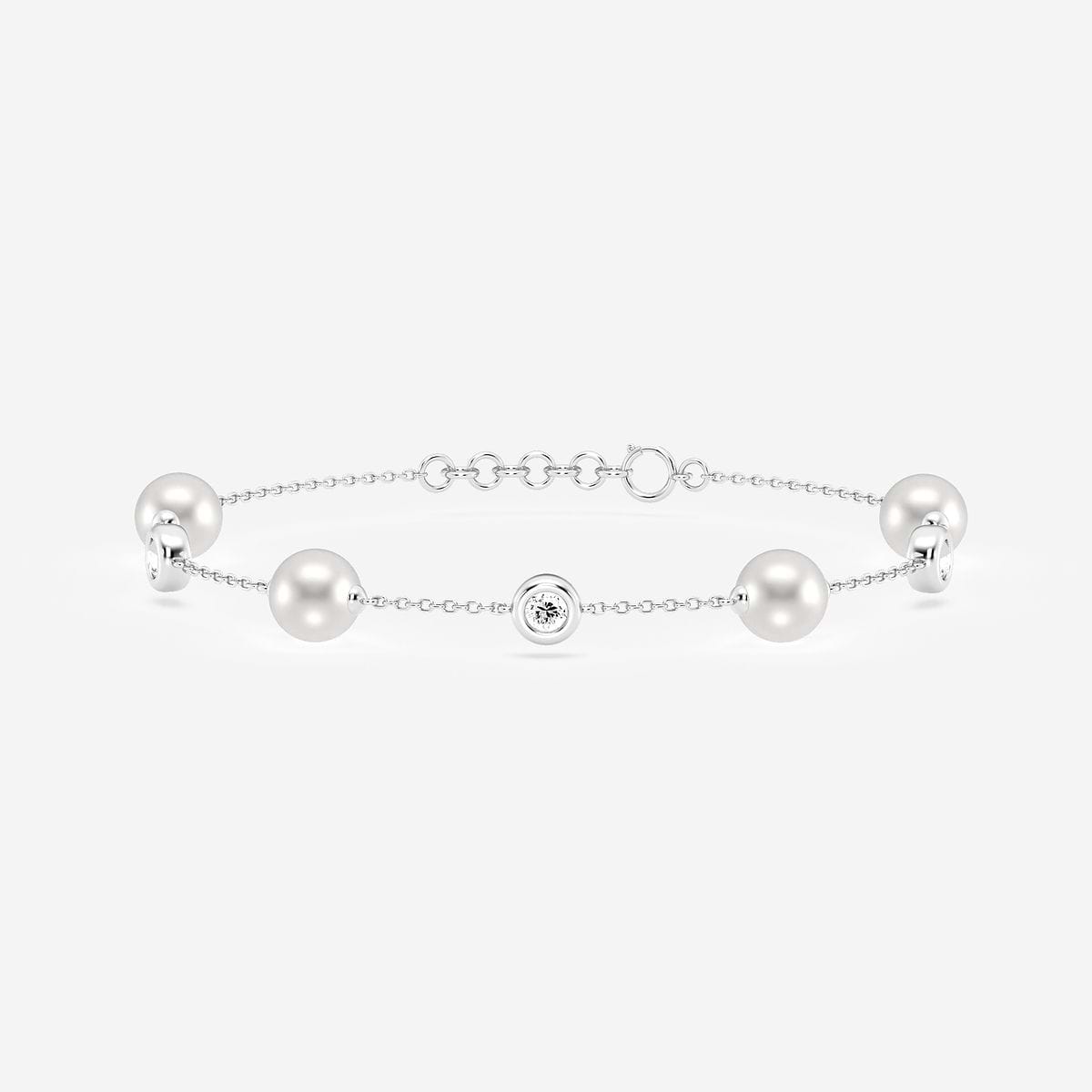 6.5 - 7.0 mm Cultured Freshwater Pearl and 1/2 ctw Lab Grown Diamond Alternating Adjustable Chain Bracelet - 7-8 Inches 14K White Gold