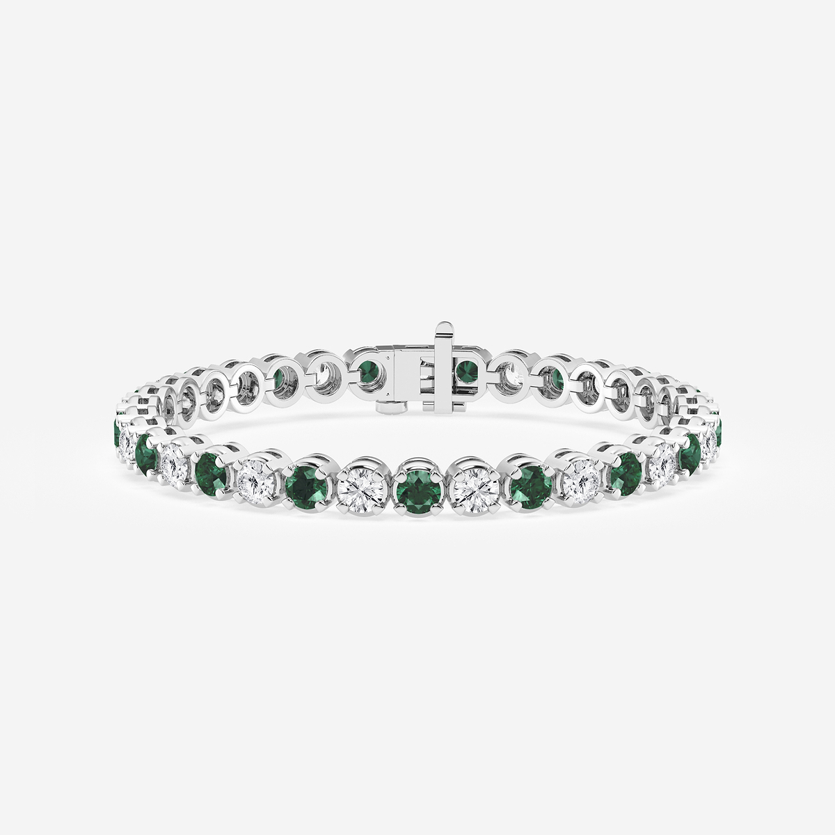 4.2 mm Round Created Emerald and 4 3/4 ctw Round Lab Grown Diamond Four-Prong Tennis Bracelet - 7 Inches 14K White Gold