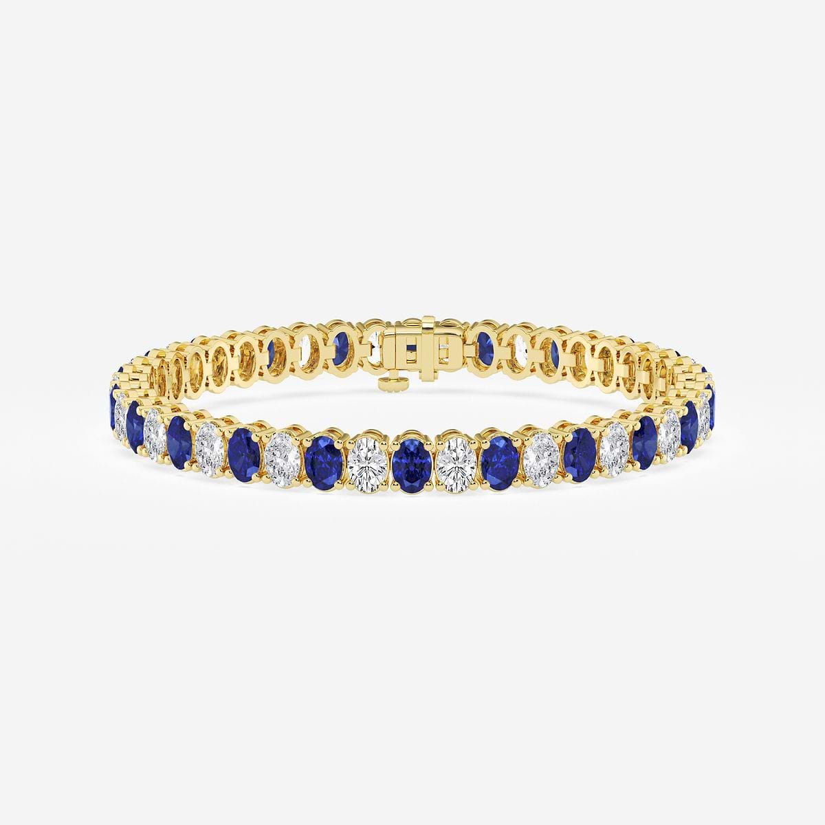 5.1x3.6 mm Oval Created Sapphire and 6 ctw Oval Lab Grown Diamond Four-Prong Tennis Bracelet - 7 Inches 14K Yellow Gold