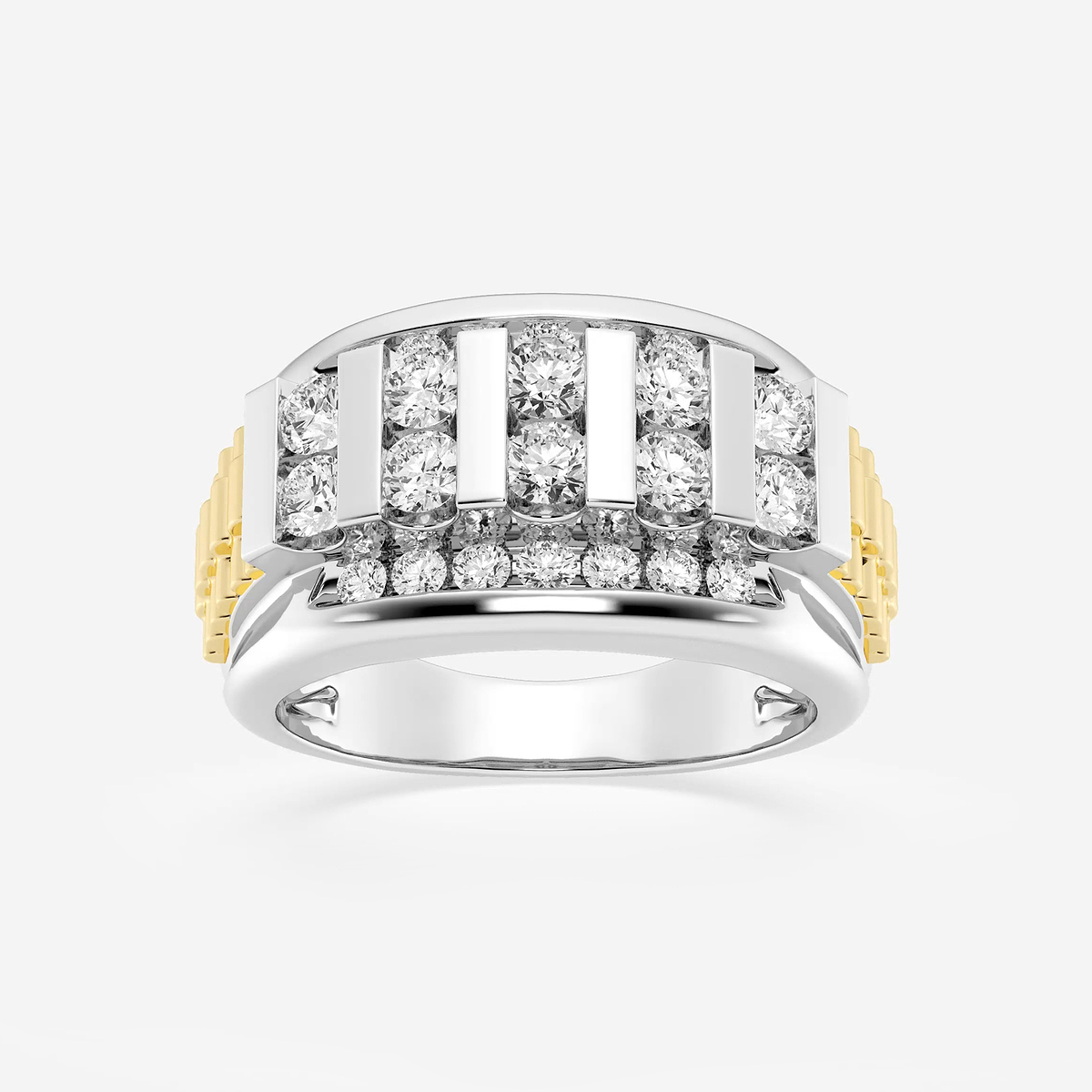 1 1/2 ctw Round Lab Grown Diamond Mens Floating Bar Wedding Band 14K Two-Tone White & Yellow Gold, F, VS2