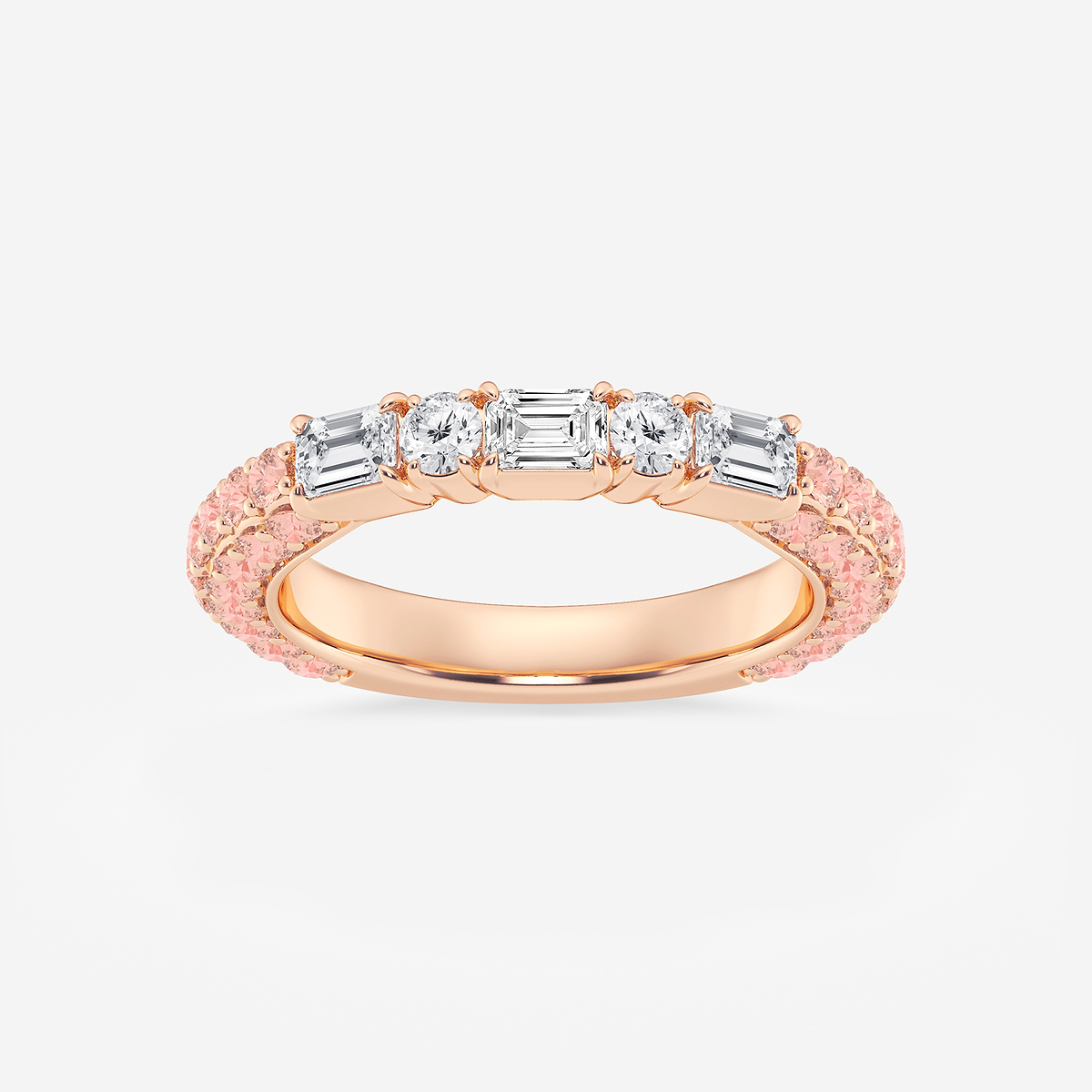 5/8 ctw Emerald & Round Lab Grown Diamond Rollover Band with 1.8 mm Pink Sapphire Side Stones