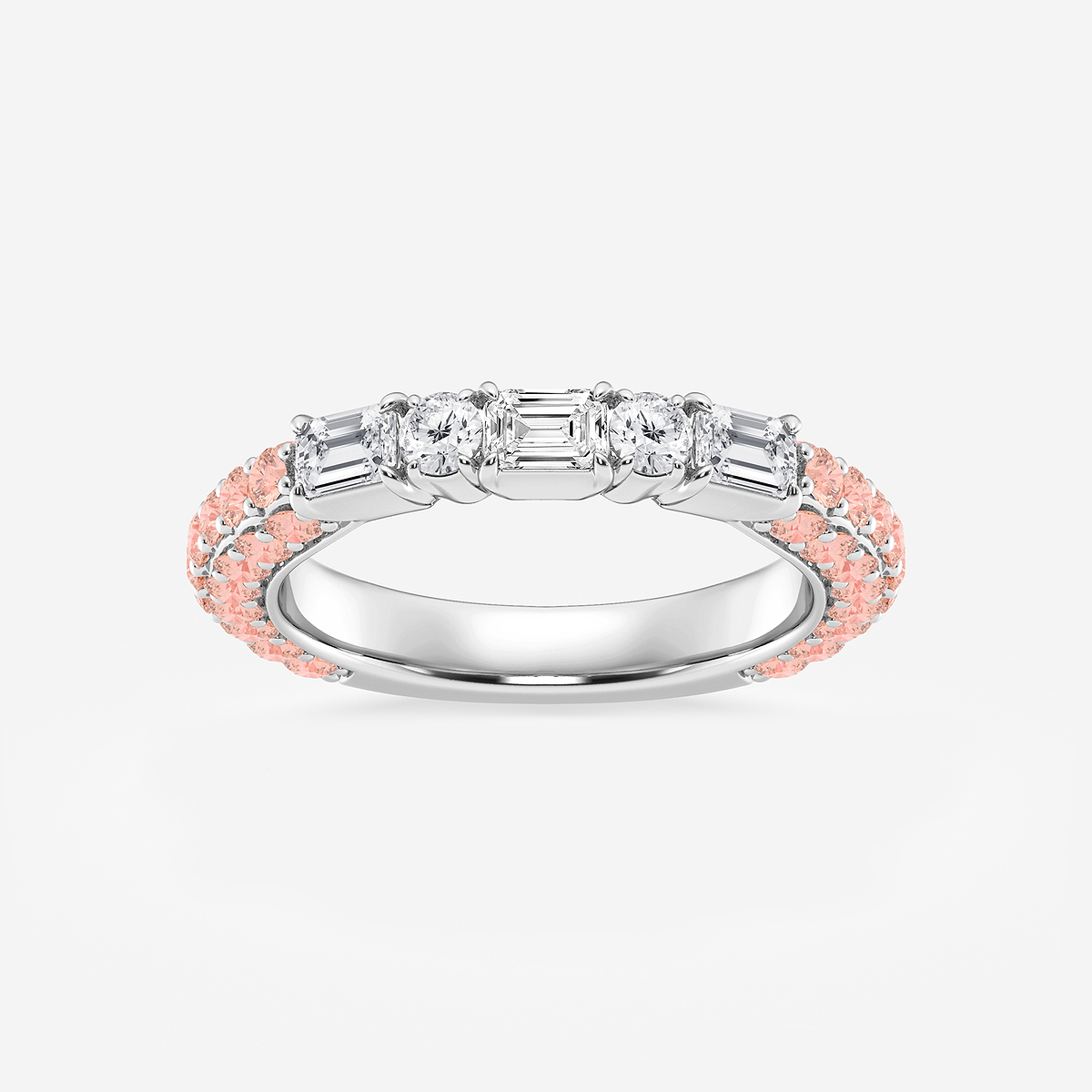 5/8 ctw Emerald & Round Lab Grown Diamond Rollover Band with 1.8 mm Pink Sapphire Side Stones