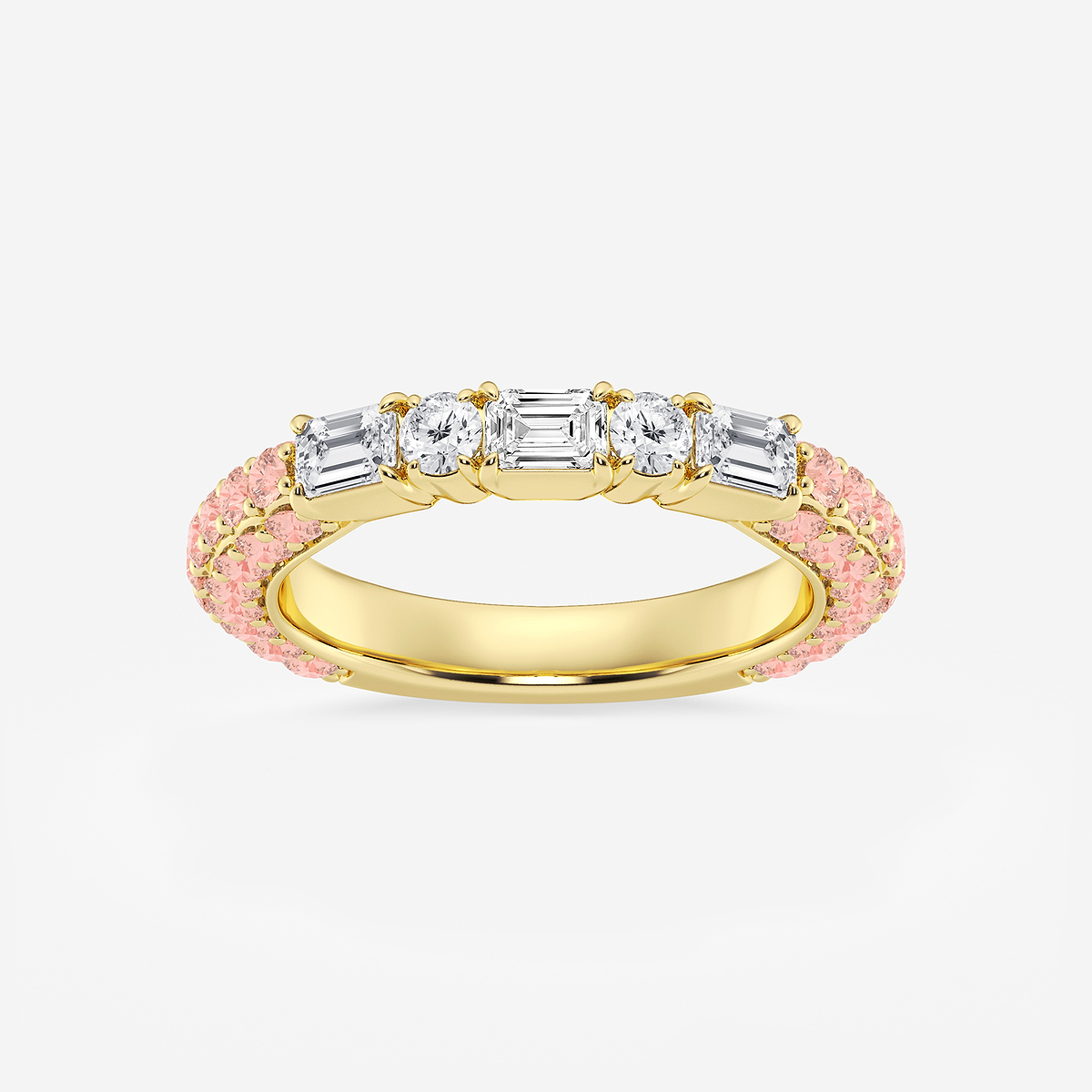 5/8 ctw Emerald & Round Lab Grown Diamond Rollover Band with 1.8 mm Pink Sapphire Side Stones