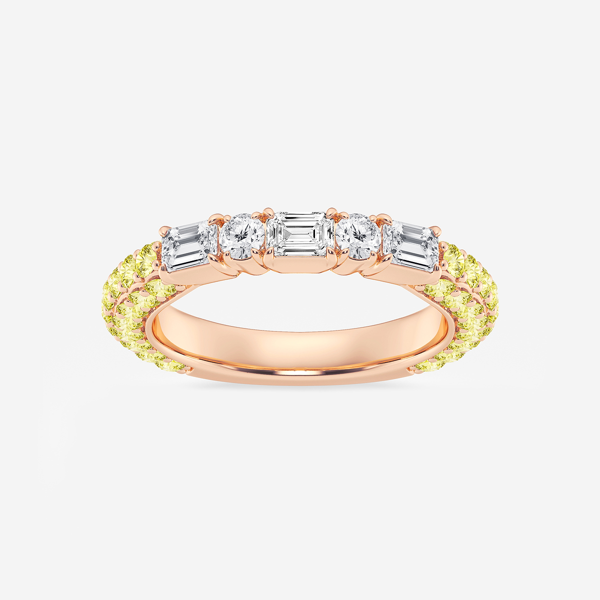 5/8 ctw Emerald & Round Lab Grown Diamond Rollover Band with 1.8 mm Yellow Sapphire Side Stones