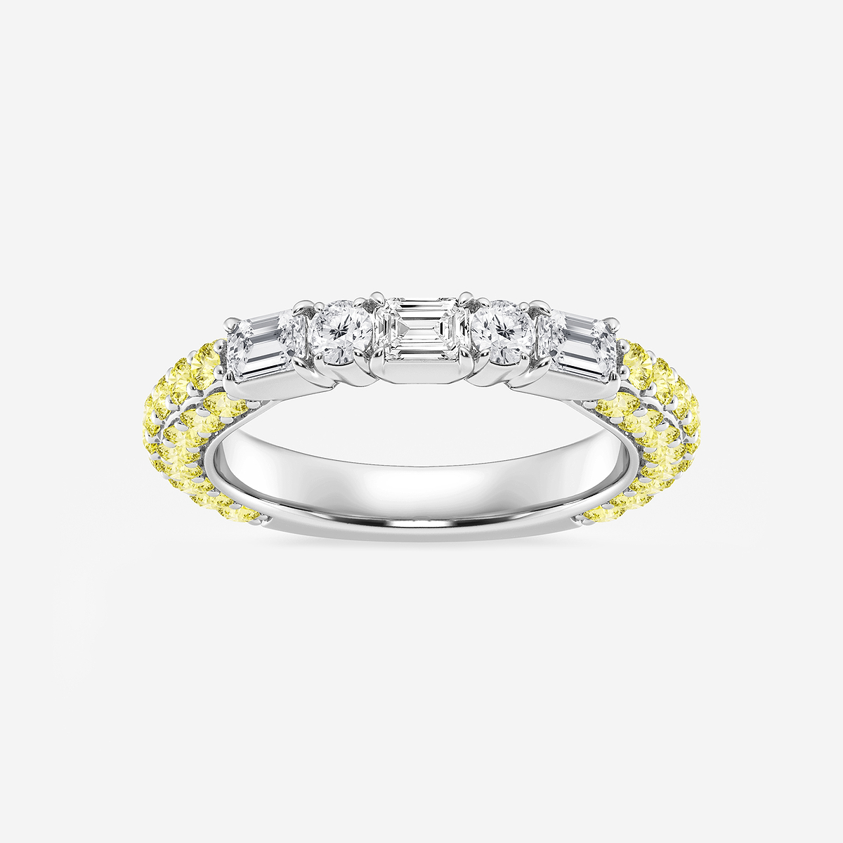 5/8 ctw Emerald & Round Lab Grown Diamond Rollover Band with 1.8 mm Yellow Sapphire Side Stones