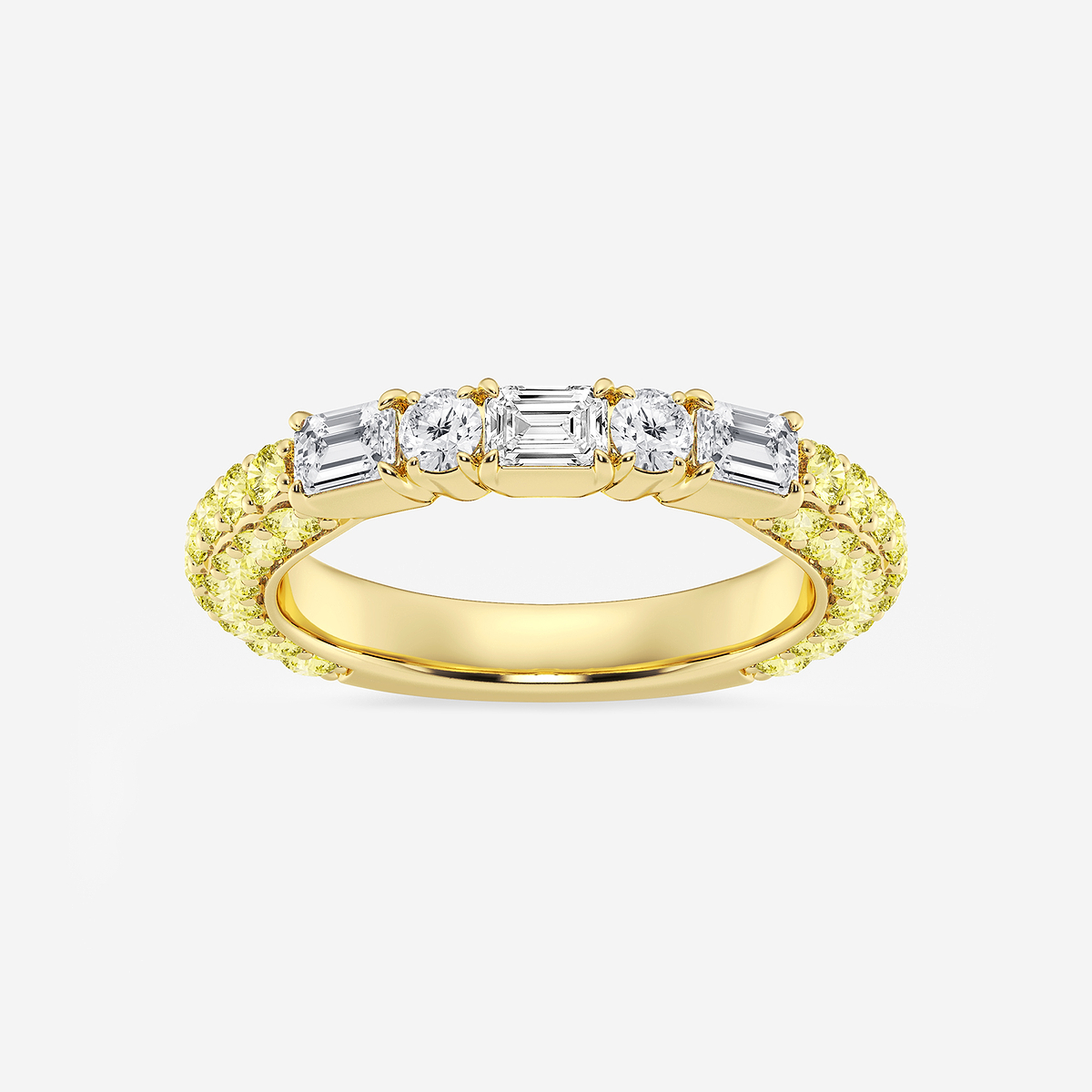 5/8 ctw Emerald & Round Lab Grown Diamond Rollover Band with 1.8 mm Yellow Sapphire Side Stones