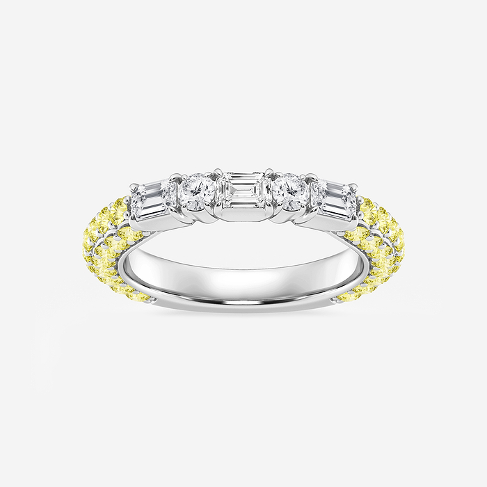 1 7/8 ctw Emerald & Round Lab Grown Diamond  Rollover Flexible Bangle Bracelet with 1.8 mm Yellow Sapphire Side Stones  - 7 Inches 14K White Gold, F, VS2