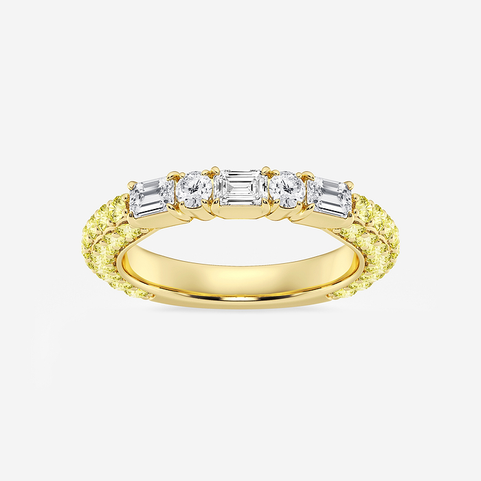 1 7/8 ctw Emerald & Round Lab Grown Diamond Rollover Flexible Bangle Bracelet with 1.8 mm Yellow Sapphire Side Stones - 7 Inches 14K Yellow Gold, DE, VS1