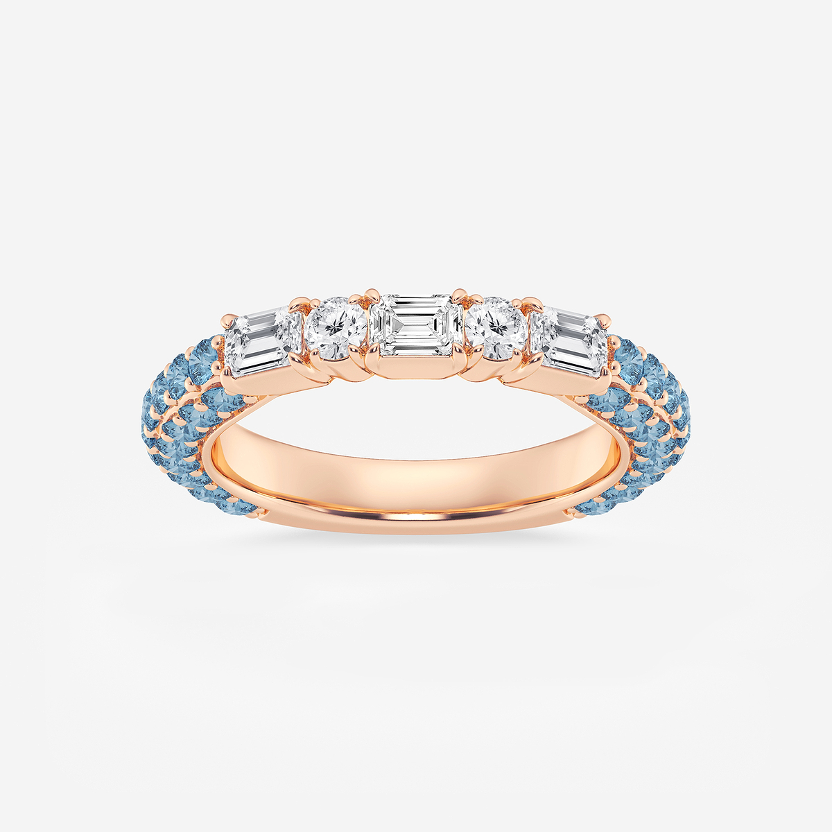 5/8 ctw Emerald & Round Lab Grown Diamond Rollover Band with 1.8 mm Blue Topaz Side Stones